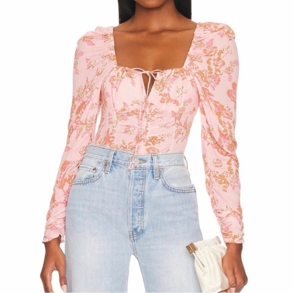 Free People Hilary Printed Smocked Peasant Blouse Pink